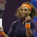 Serena Williams of the U.S. reacts after defeating Petra Kvitova of the Czech Republic during their women's quarter-final match at the Qatar Open tennis tournament in Doha