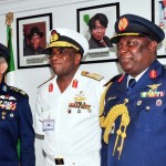 Chief of Air Staff, Pakistan Air Force, Air Marshal Tahir Butt; Chief of Defence Staff, Adm. Ola Ibrahim and Chief of Air Staff, Air Marshal Alex Badeh during the visit of Pakistani Chief of Air Staff to Chief of Defence in Abuja
