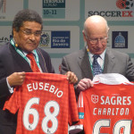 Eusebio, seen here with Man United’s Bobby Charlton swapping commemorative jerseys of the clubs that made them famous, captured the imagination of English football fans during their finest moment, the 1966 World Cup