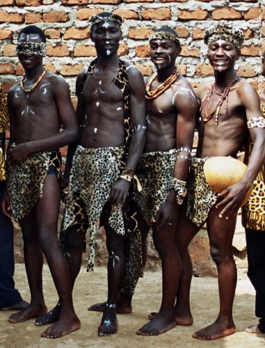 Acholi men clad in the wild animal skins