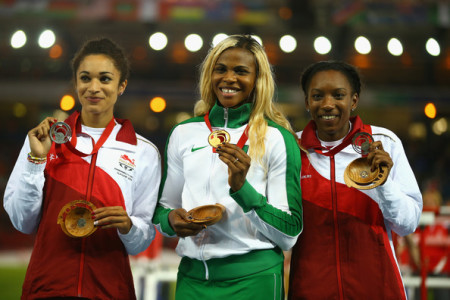 Jodie Williams (left), Blessing Okagbare (centre) and Bianca Williams show their medals