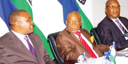 Prime Minister Thomas Thabane (centre), Deputy Prime Minister Mothetjoa Metsing (left) and Sports Minister and Leader of the Basotho National Party Thesele Maseribane