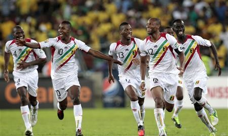 Mali's captain Keita celebrates with his teammates following their victory over South Africa during their African Cup of Nations quarter-final soccer match at the Moses Mabhida stadium in Durban