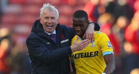 Yannick Bolasie, pictured with manager Alan Pardew, scored Crystal Palace’s first ever Premier League hat-trick on Saturday