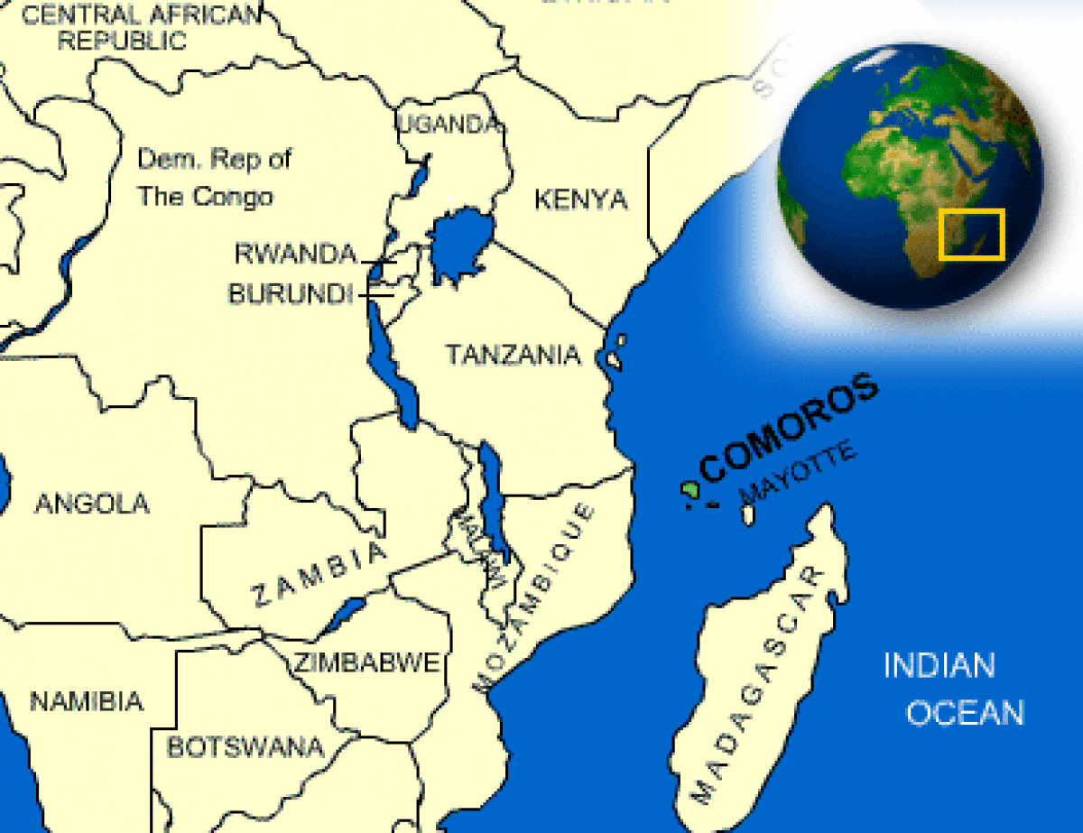 The location of the Union of the Comoros archipelago between Africa’s Indian Ocean coast and the north-western tip of Madagascar
