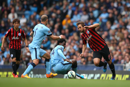 Wilfried Bony (14) came on as sub to provde David Silva with an assist for Manchester City’s sixth goal against a doomed QPR