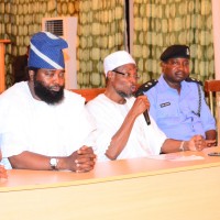 Governor State of Osun, Ogbeni Rauf Aregbesola (middle); Chairman,  Osun State Police Community Relation Committee, Comrade Amitolu Shittu  (2nd left), Chief Superintendent of Police (CSP), Mr. Babatunde Sowole  (2nd right), Superintendent of Police (SP), Waare Samuel (right) during  the Familiarization Visit to the Governor by the leadership of Osun  State Police Community Relation Committee (PCRC), at Government House,  Osogbo